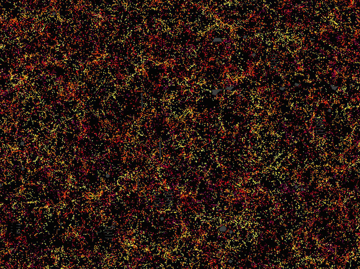 Часть карты, которая показывает положение 48741 галактики. Это примерно 3% от общего количества учтённых в исследовании. Серые части — пространства, о которых нет данных.