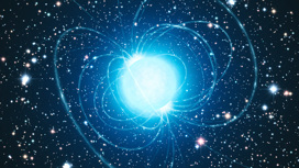 Изображенный художником магнетар из звездного скопления Вестерлунд 1. Этот магнетар — необычный тип нейтронной звезды с чрезвычайно сильным магнитным полем.