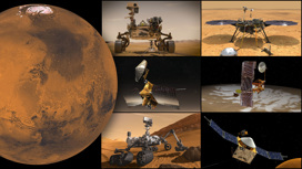 Марсианские миссии НАСА, по часовой стрелке, начиная сверху слева: ровер Perseverance и вертолет Ingenuity, InSight, орбитальные аппараты Odyssey и MAVEN, ровер Curiosity и зонд MRO.