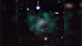 Галактика AGC 114905. Излучение звёзд галактики показано синим цветом. Зелёные облака обозначают нейтральный водород.