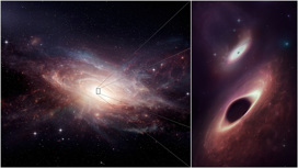 Иллюстрация художника показывает слияние галактик на поздней стадии и две недавно открытые центральные чёрные дыры.
