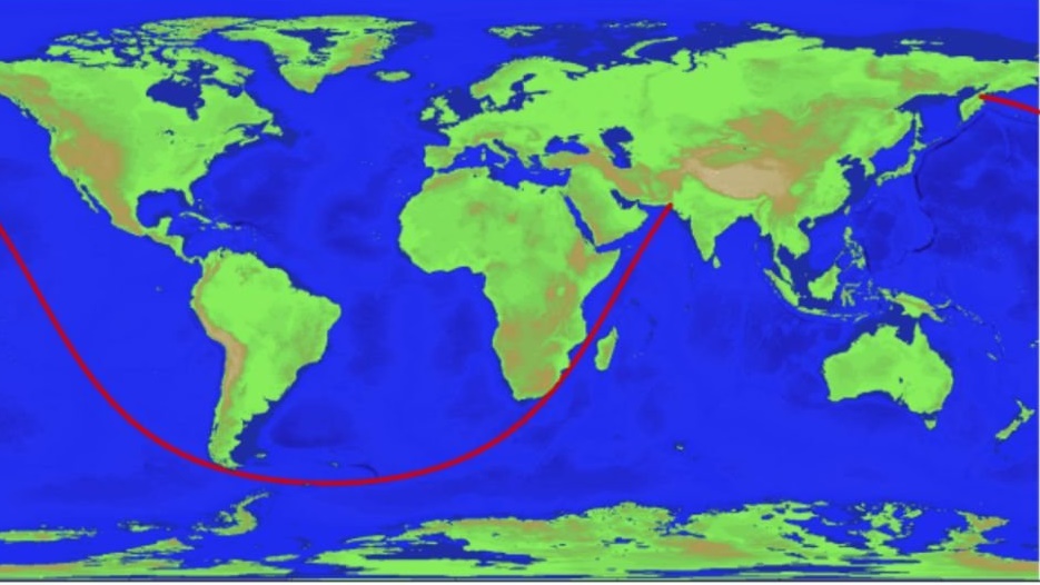 Самый длинный морской путь по прямой линии.