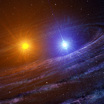 Двойная система сразу после того как белый карлик в ней (справа) взорвался в виде новой звезды. Вторым компонентом системы является красный гигант. Представление художника.
