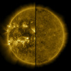 Солнечный цикл длится 11 лет. Он отсчитывается от одного солнечного минимума до солнечного максимума и обратно до следующего минимума. Слева: максимум апреля 2014 года. Справа: минимум декабря 2019.