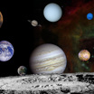 Монтаж изображений планет и четырёх спутников Юпитера, сделанных космическим аппаратом "Вояджер", на фоне туманности Розетка и с Луной на переднем плане.