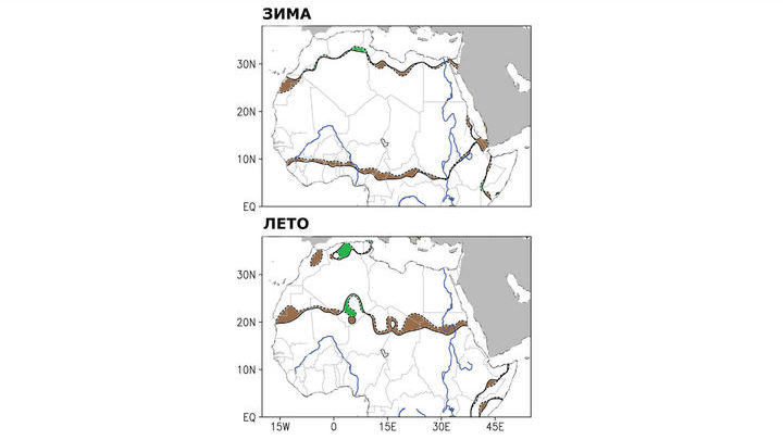 Изменение границ пустыни в период 1920-2-13 годов, в зависимости от сезонов. Пунктирные линии обозначают границу пустыни 1920 года, сплошная линия показывает её в 2013 году. Коричневые затемнённые области указывают расширение Сахары, зелёные √ на сужение.