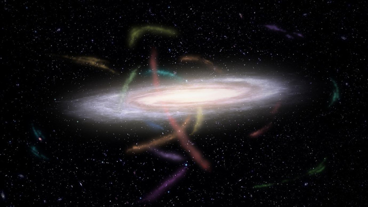 Галактика Млечный Путь в окружении десятков звёздных потоков (выделены разными цветами) в представлении художника.