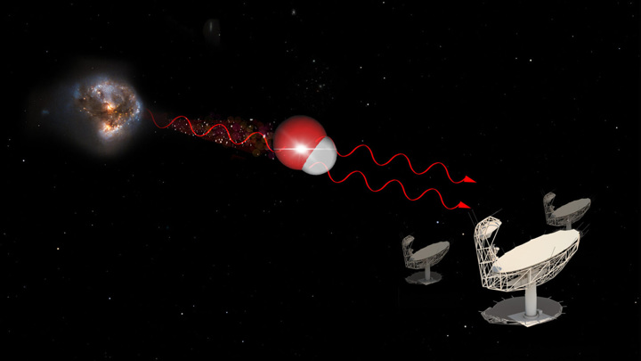 Так в представлении художника молекулы гидроксила усилили сигнал мегамазера, что позволило телескопу его обнаружить.
